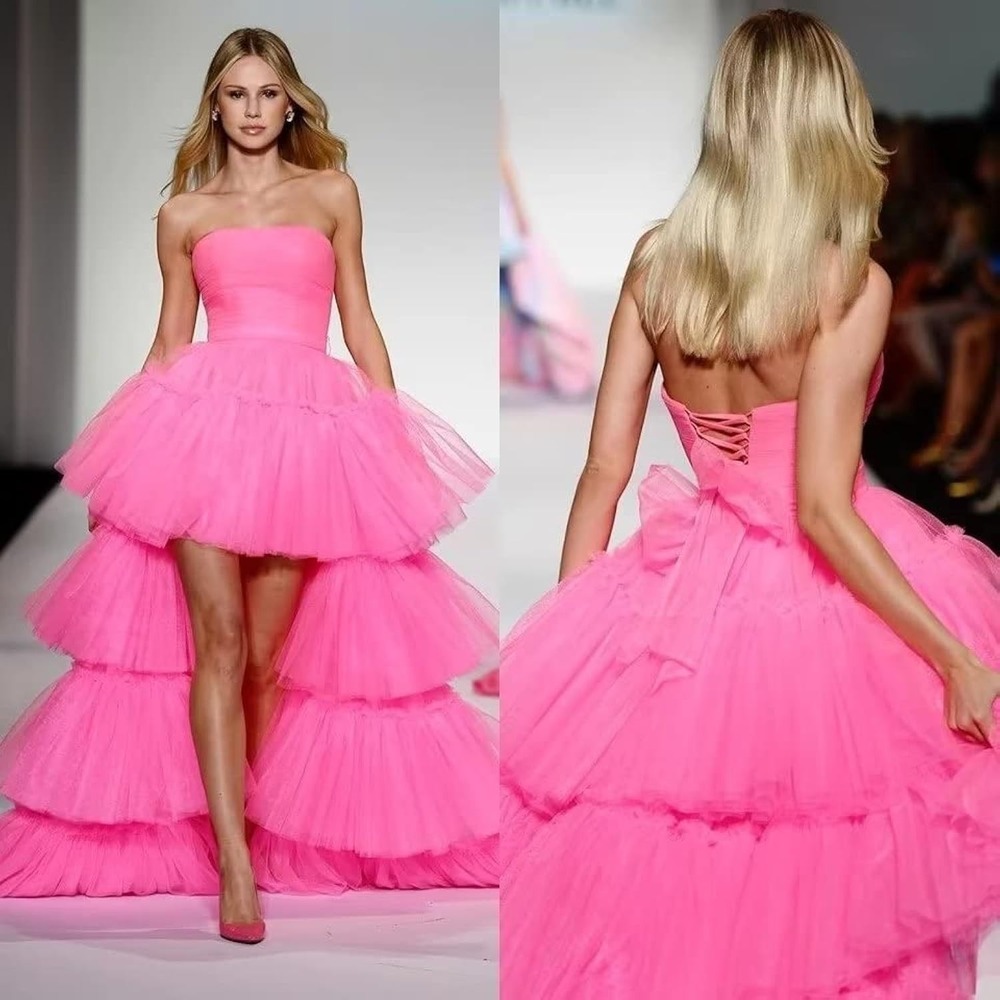 NEW Hot Pink Strapless Hi-Low Tulle Tiered Corset Back Prom Dress Size 0 - Picture 3 of 10